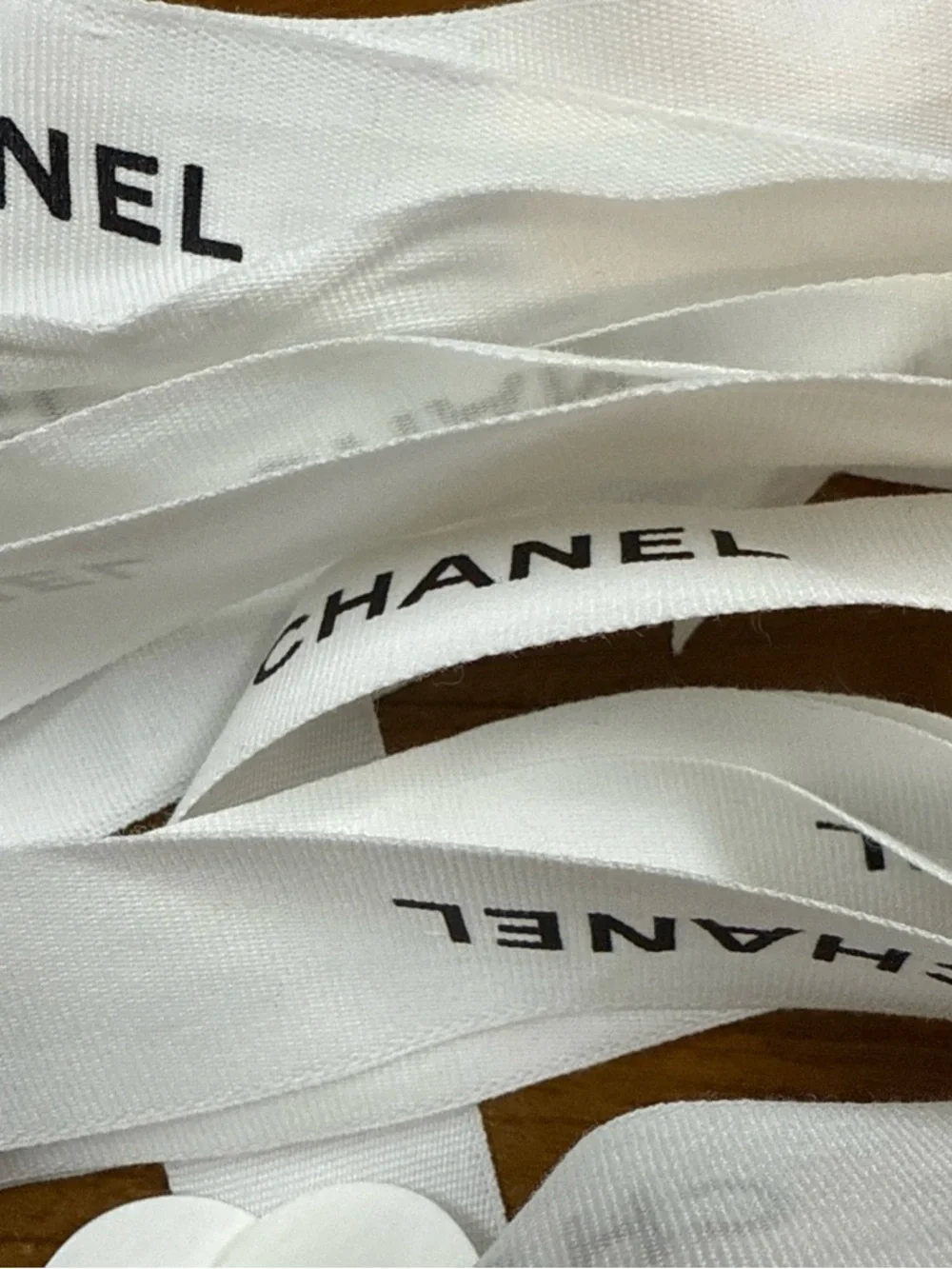 Chanel Gift Wrapping Ribbon 1” W59”L White Black Logo Camellia Flower Tissue
